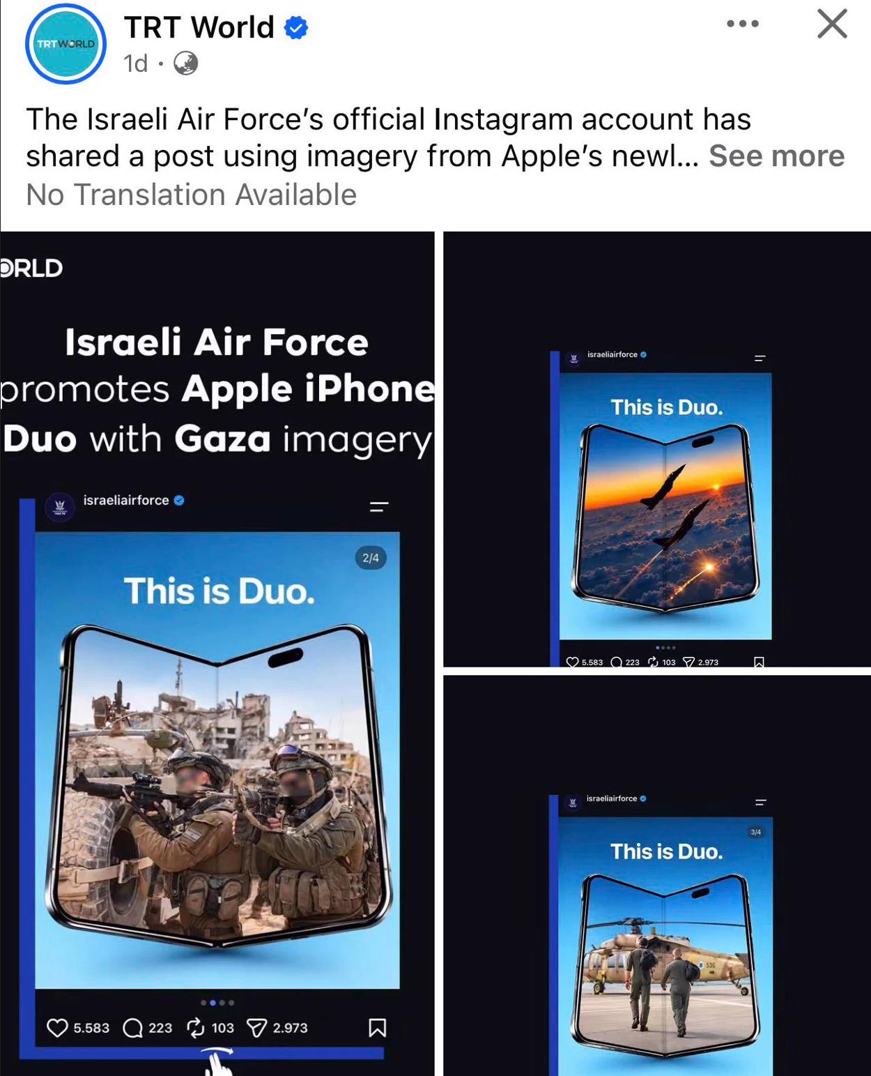 پست اینستاگرامی نیروی هوایی اسرائیل درباره iPhone Duo